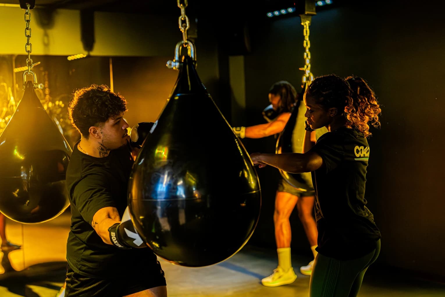 Boxe en salle, deux athlètes frappant sacs de frappe suspendus, entraînement cardio intensif